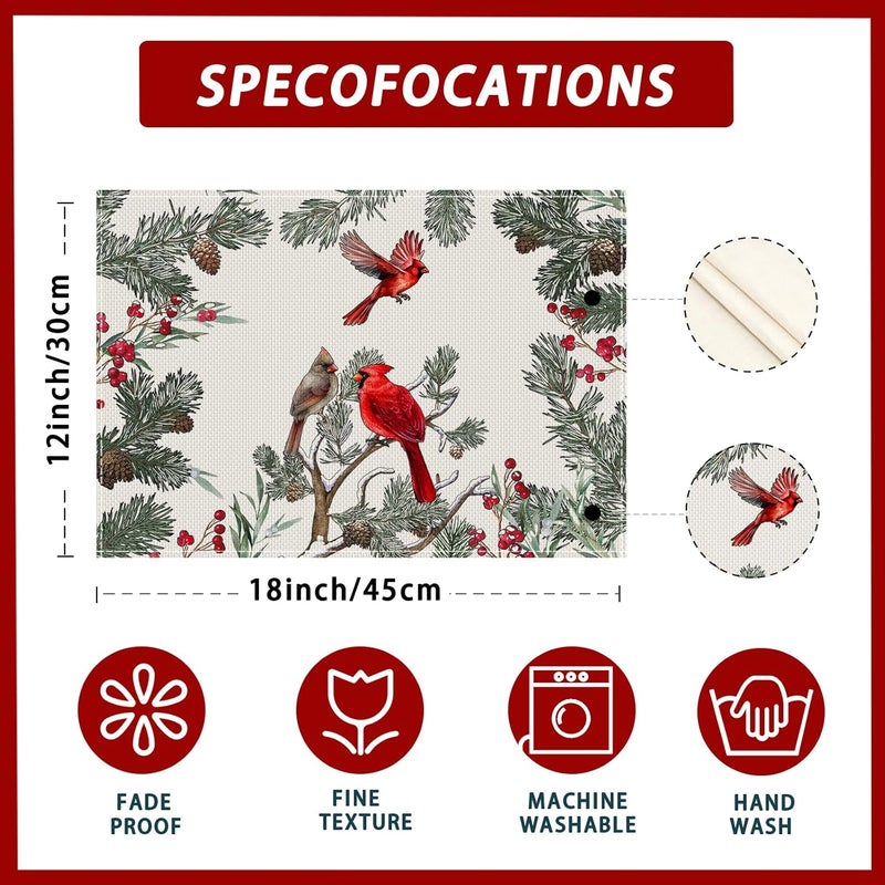 XCHI Cardinal Birds Winter Pine Tree Christmas Xmas Placemats Set of 4 Table Mats for Party Home Kitchen Dining Table Decorations 12x18 Inch - Image 5